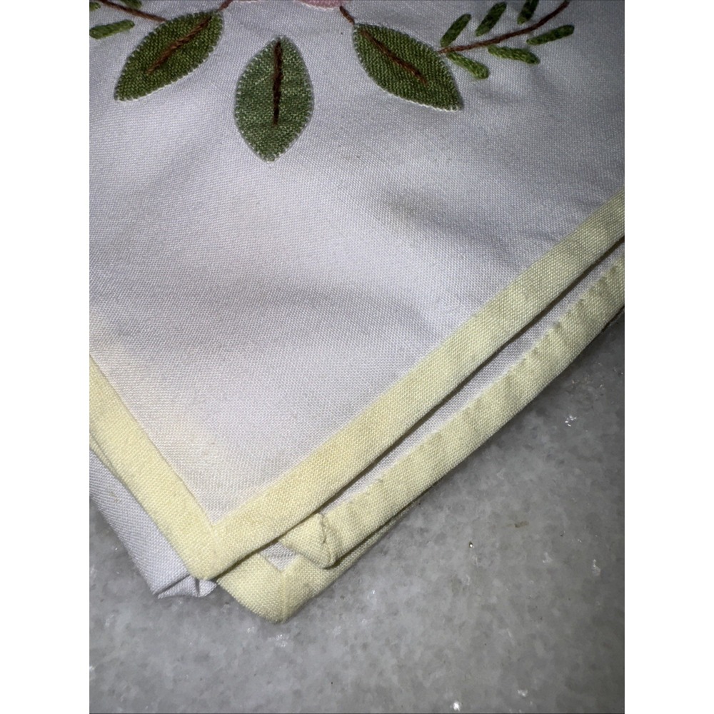 Vintage Hankercheif Napkins White Appliqué Pink Flower Yellow Border Set of 12 - Picture 3 of 8